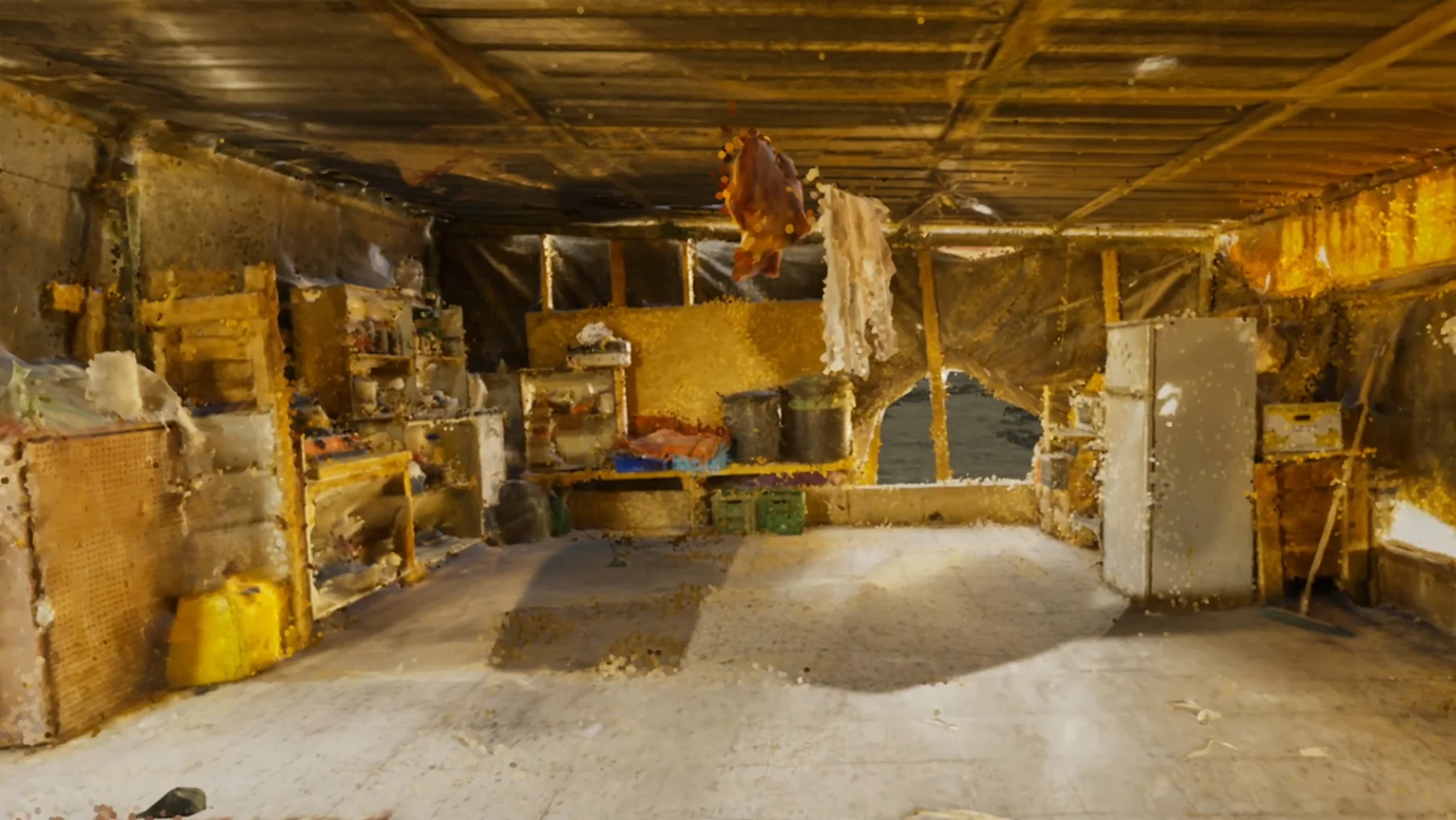 A digitally reconstructed interior with a covered roof and layered objects.